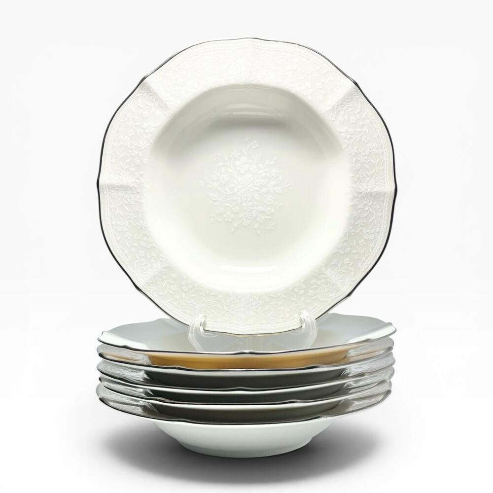 Noritake “Chandon, Platinum” Set of 6 Bone China Rim Soup Bowls 8 1/4”